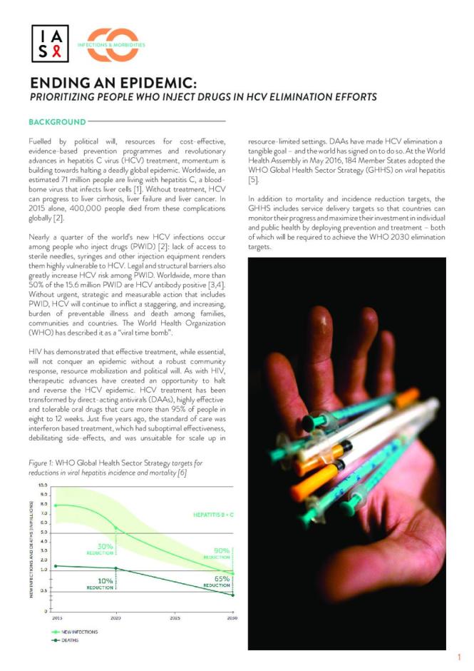 Ending an Epidemic: Prioritizing People who Inject Drugs in HCV Elimination Efforts. International AIDS Society (IAS). (2018)