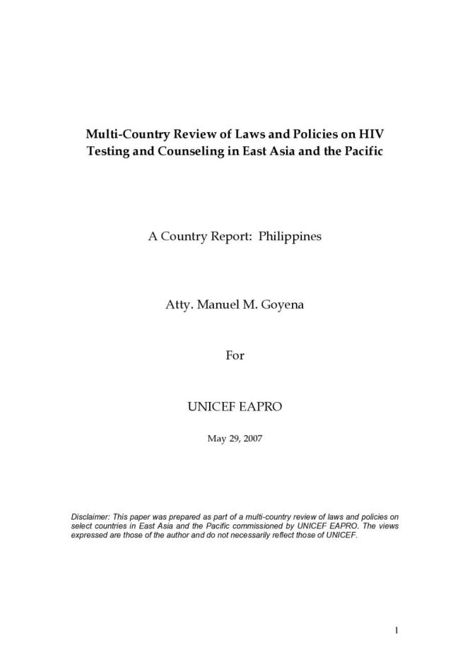 Multi-Country Review of Laws and Policies on HIV Testing and Counseling in East Asia and the Pacific - Philippines 