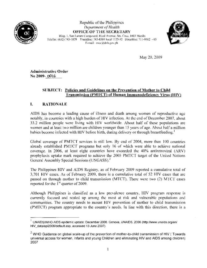 Policies and Guidelines on the Prevention of Mother to Child Transmission (PMTCT) of Human Immunodeficiency Virus (HIV)