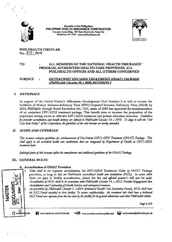 Outpatient HIV/AIDS Treatment (OHAT) Package (PhiHealth Circular 19, s 2010) Revision 1