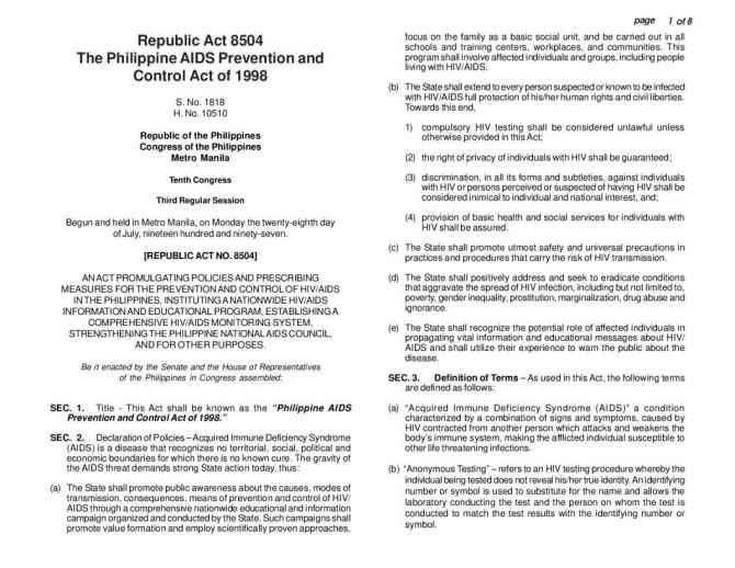Republic Act 8504 The Philippine AIDS Prevention and Control Act of 1998