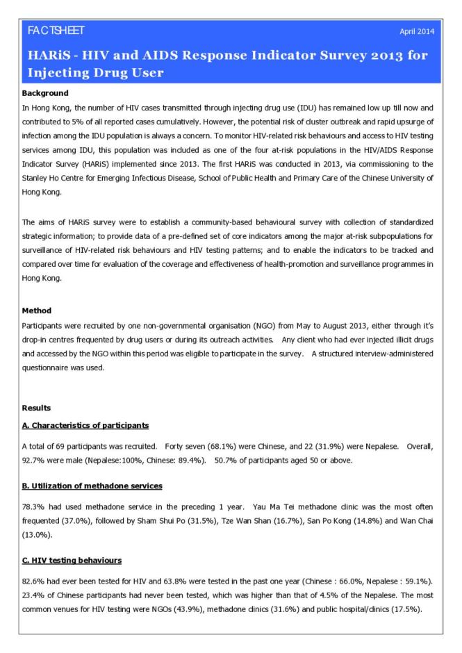Factsheet: HARIS - HIV and AIDS Response Indicator Survey 2013 for Injecting Drug User