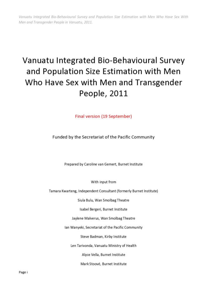 Vanuatu Integrated Bio‐Behavioural Survey and Population Size Estimation with Men Who Have Sex With Men and Transgender People