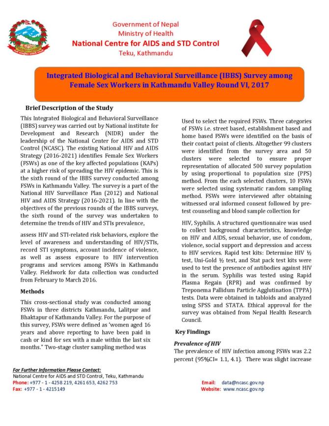 Integrated Biological and Behavioral Surveillance Survey among Female Sex Workers in Kathmandu Valley, Nepal  Round VI - 2017