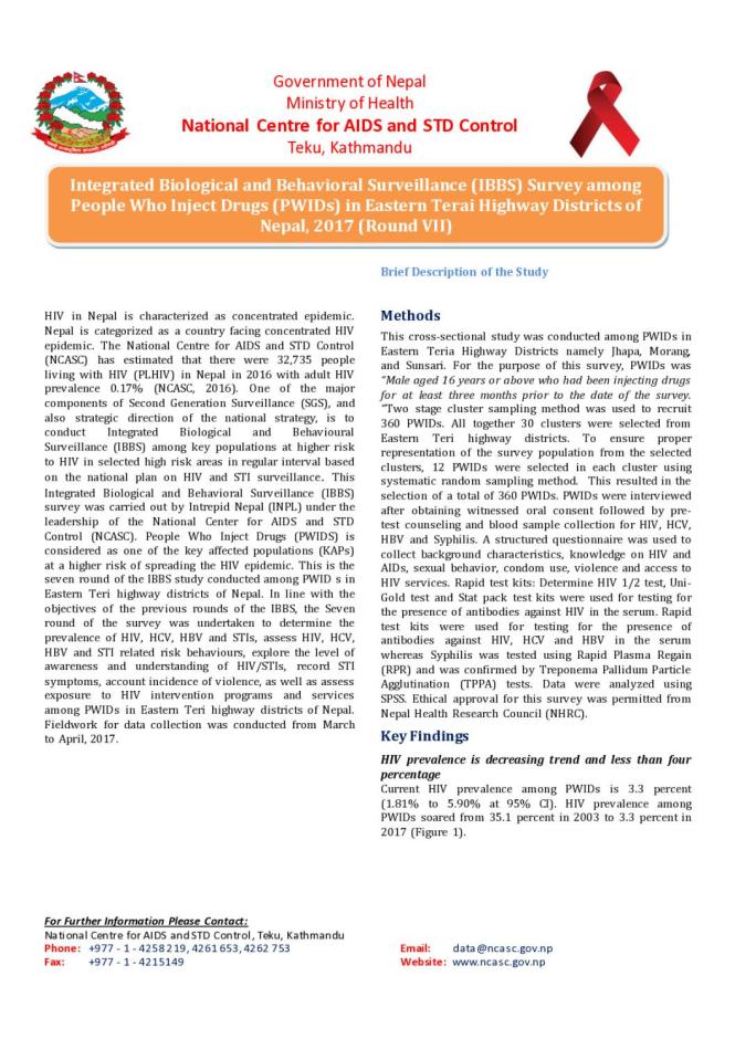 Integrated Biological and Behavioral Surveillance Survey among People Who Inject Drugs in Eastern Terai Highway Districts of Nepal Round VII - 2017 (Fact Sheet)