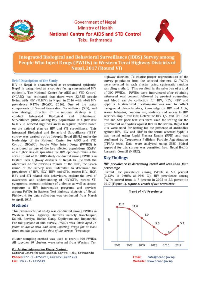 Integrated Biological and Behavioral Surveillance Survey among People Who Inject Drugs in Western Terai Highway Districts of Nepal Round VI - 2017 (Fact Sheet)