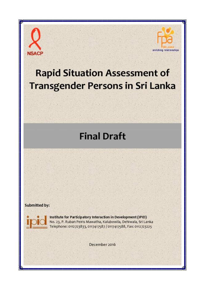 Rapid Situation Assessment of Transgender Persons in Sri Lanka: Final Draft