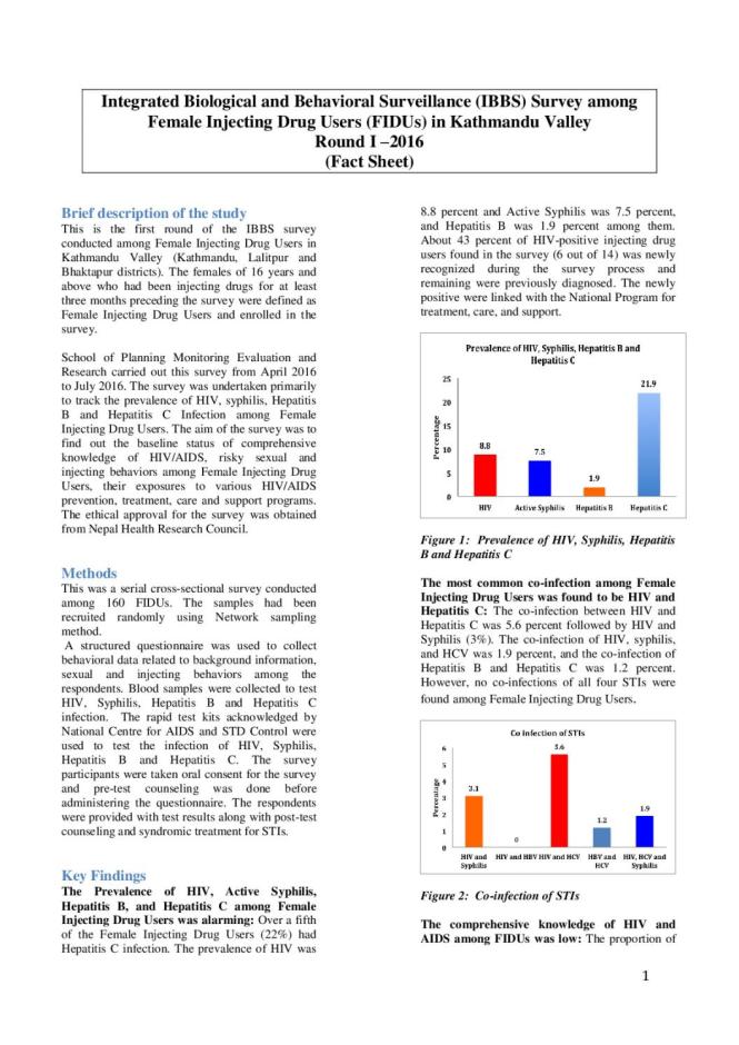 Integrated Biological and Behavioral Surveillance Survey among Female Injecting Drug Users in Kathmandu Valley, Nepal Round I - 2016 (Fact Sheet)