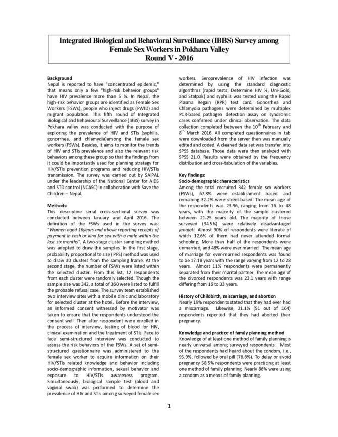 Integrated Biological and Behavioral Surveillance Survey among Female Sex Workers in Pokhara Valley, Nepal Round V - 2016 (Fact Sheet)