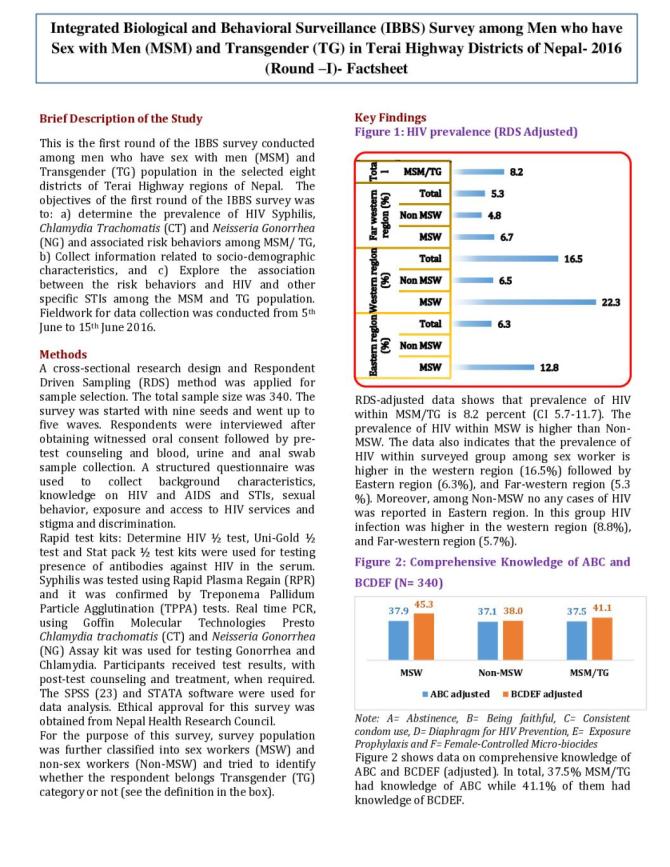 Integrated Biological and Behavioral Surveillance Survey among Men who have Sex with Men and Transgender (TG) in Terai Highway Districts of Nepal Round 1 - 2016 (Factsheet)