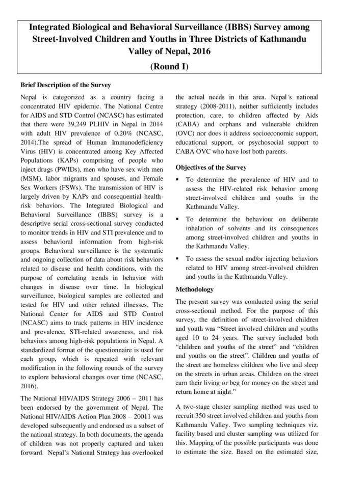 Integrated Biological and Behavioral Surveillance Survey among Street-Involved Children and Youths in Three Districts of Kathmandu Valley of Nepal Round I - 2016 (Fact Sheet)