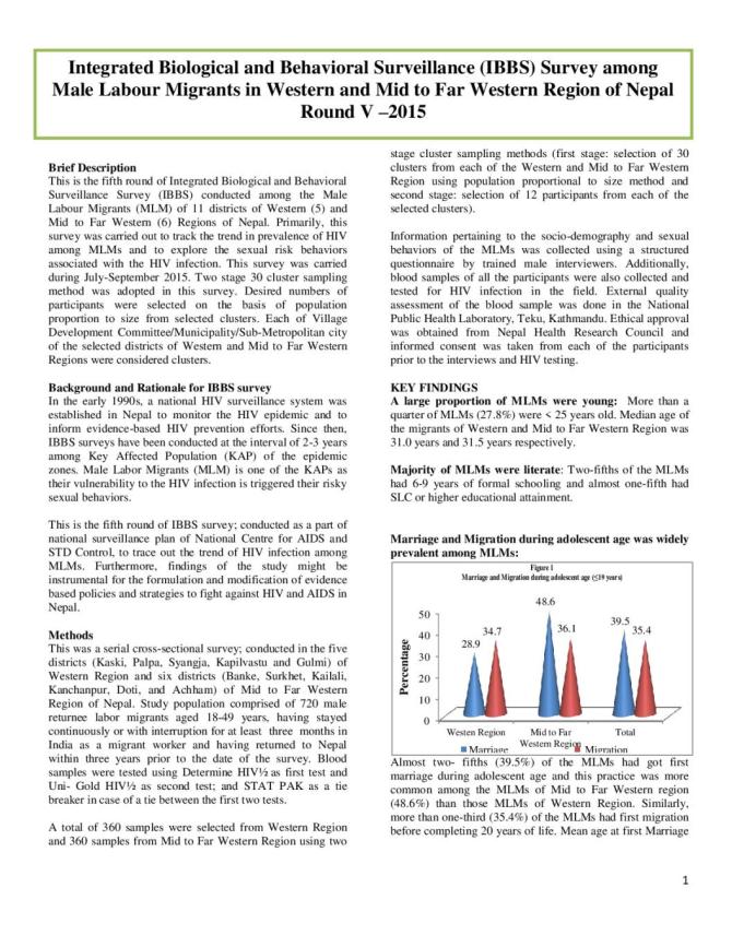 Integrated Biological and Behavioral Surveillance Survey among Male Labour Migrants in Western and Mid to Far Western Region of Nepal Round V – 2015 (Fact Sheet)