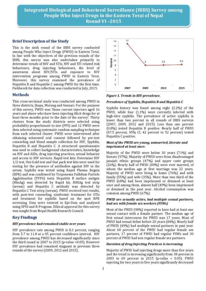 Integrated Biological and Behavioral Surveillance Survey among People Who Inject Drugs in Eastern Terai of Nepal Round VI – 2015 (Fact Sheet)
