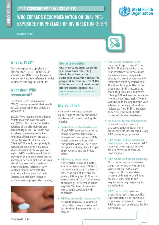 WHO Expands Recommendation on Oral Pre-exposure Prophylaxis of HIV Infection (PrEP): Policy Brief