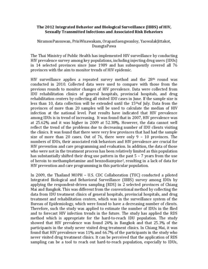 The 2012 Integrated Behavior and Biological Surveillance of HIV, Sexually Transmitted Infections and Associated Risk Behaviors