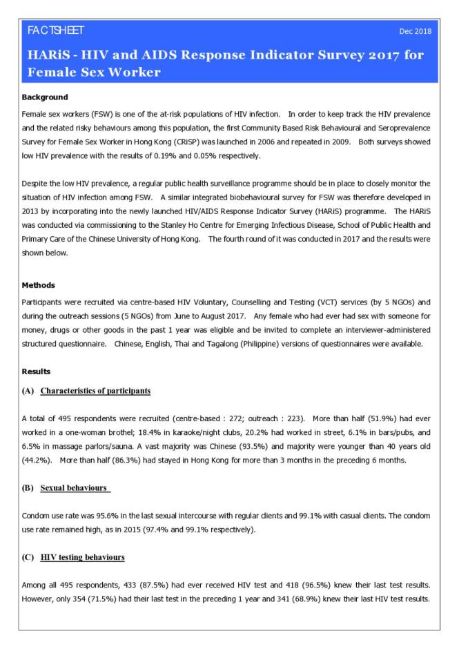 FACTSHEET on HARiS - HIV and AIDS Response Indicator Survey 2017 for Female Sex Worker