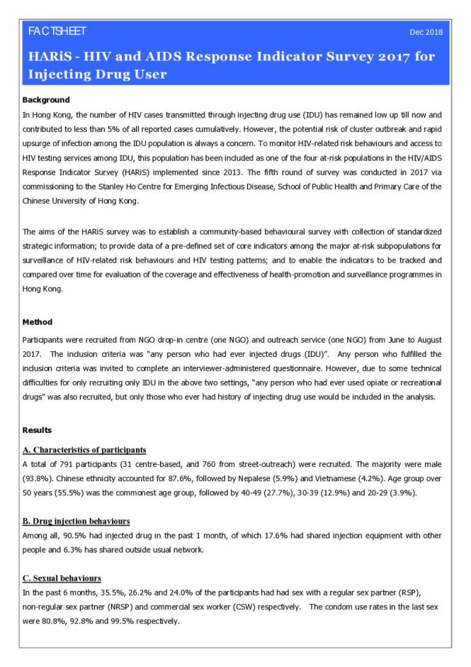 FACTSHEET on HARiS - HIV and AIDS Response Indicator Survey 2017 for Injecting Drug User