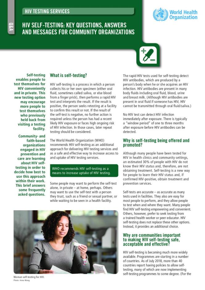 HIV Self-testing: Key Questions, Answers and Messages for Community Organizations