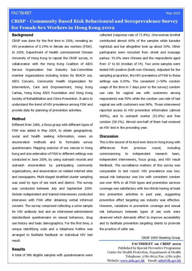 CRiSP - Community Based Risk Behavioural and Seroprevalence Survey for Female Sex Workers in Hong Kong 2009
