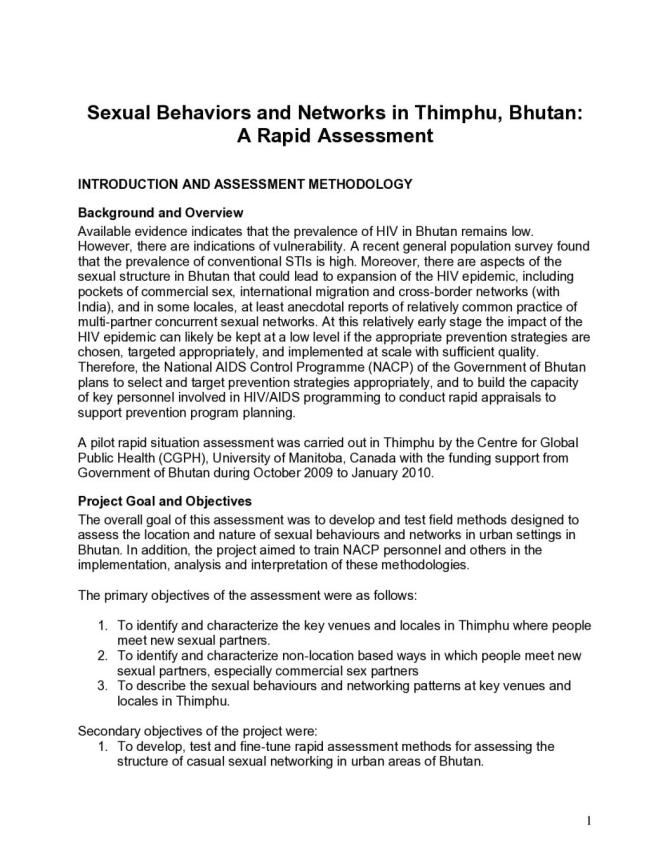 Sexual Behaviors and Networks in Thimphu, Bhutan: A Rapid Assessment