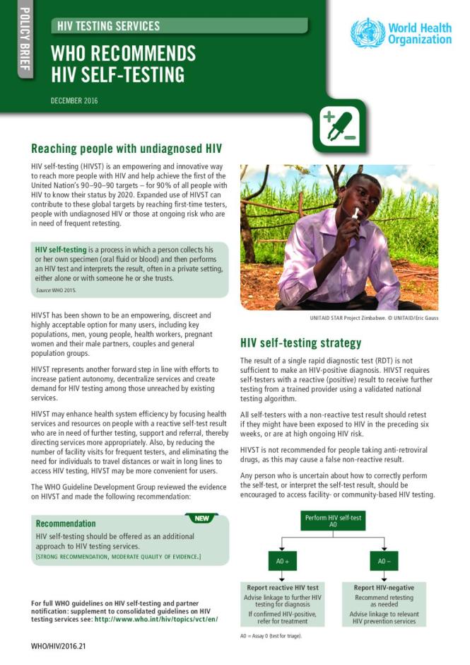 WHO Recommends HIV Self-testing: Policy Brief
