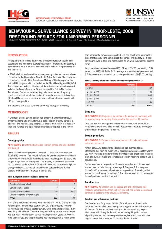 Behavioural Surveillance Survey in Timor-Leste, 2008: First Round Results For Uniformed Personnel