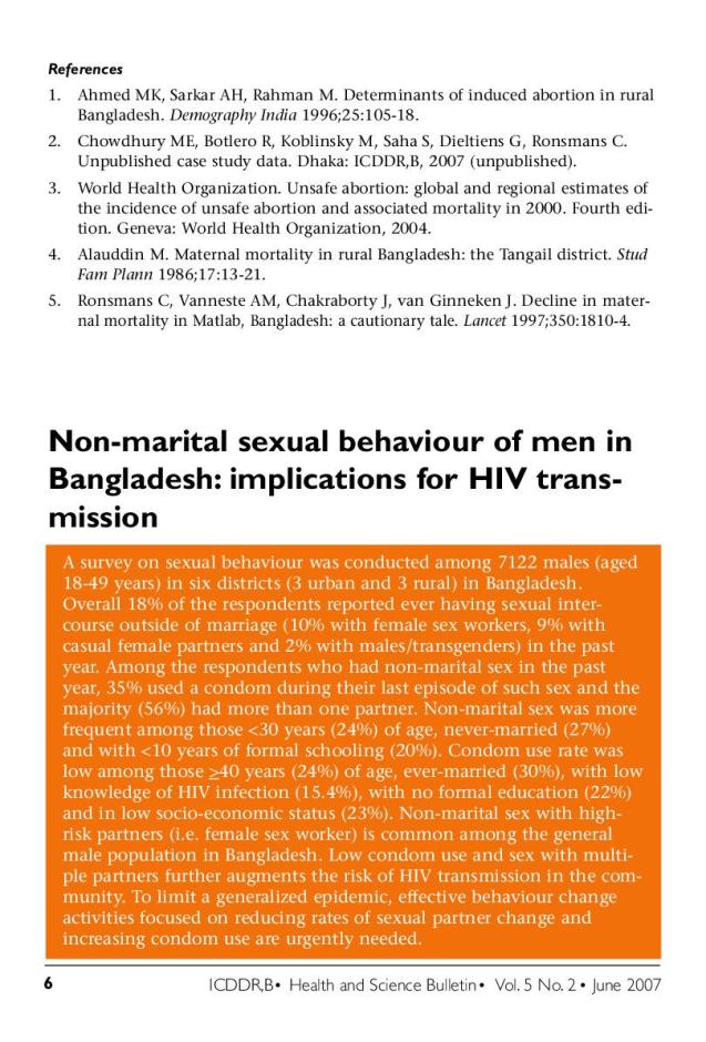 Health and Science Bulletin: Non-marital Sexual Behaviour of Men in Bangladesh - Implications for HIV Transmission