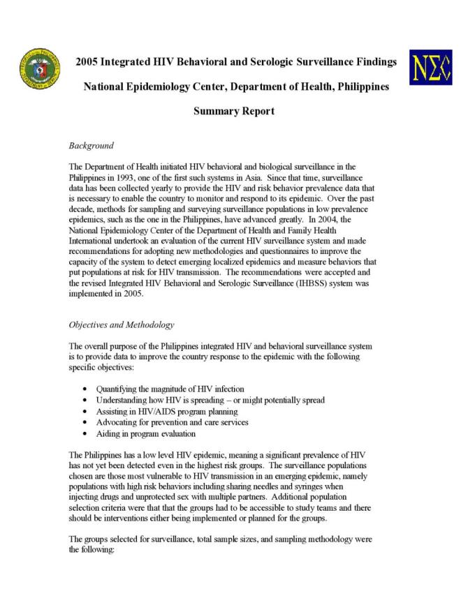 2005 Integrated HIV Behavioral and Serologic Surveillance Findings: Summary Report