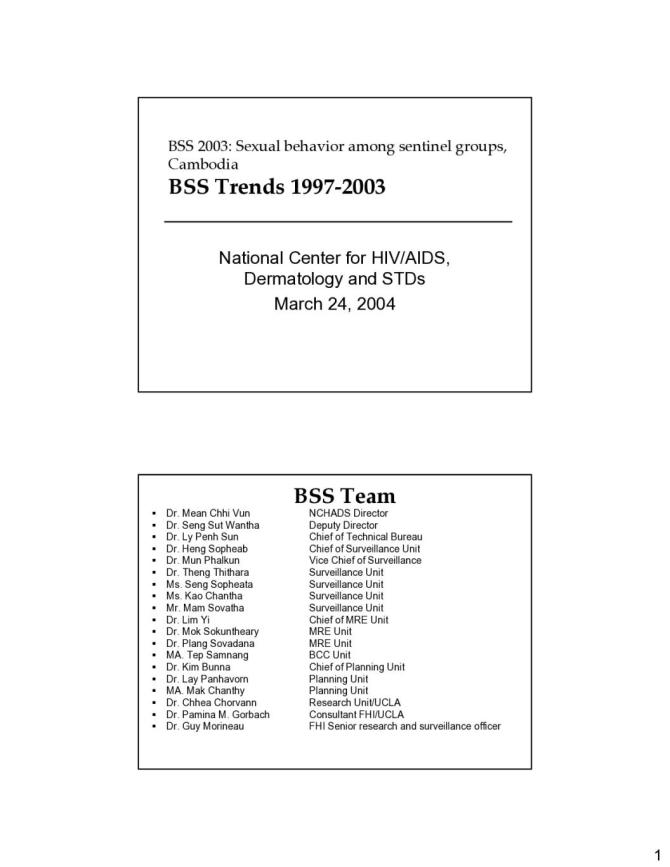 BSS 2003: Sexual Behavior among Sentinel Groups in Cambodia - BSS Trends 1997‐2003 (Presentation)