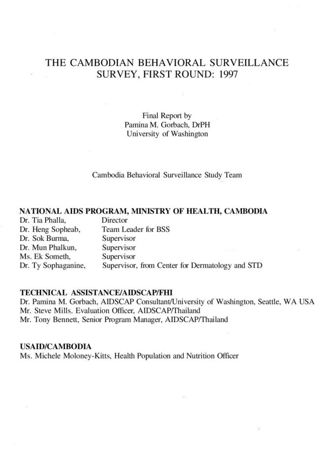 The Cambodian Behavioral Surveillance Survey: First Round - 1997
