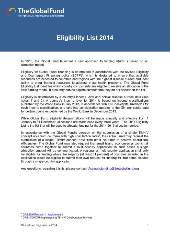 The Global Fund Eligibility List 2014