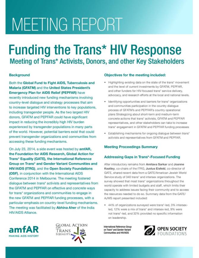 Meeting Report: Funding the Trans HIV Response - Meeting of Trans Activists, Donors, and other Key Stakeholders