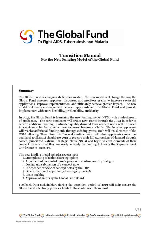 Transition Manual for the New Funding Model of the Global Fund