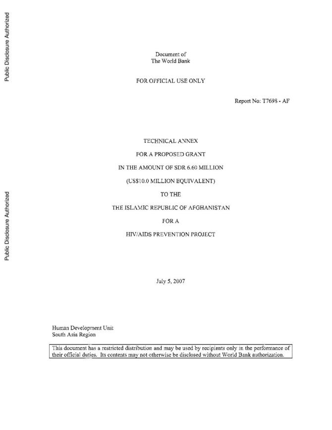Technical Annex for a Proposed Grant for a HIV/AIDS Prevention Project: Afghanistan