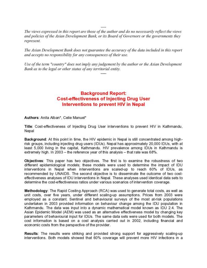 Background Report: Cost-effectiveness of Injecting Drug User Interventions to Prevent HIV in Nepal