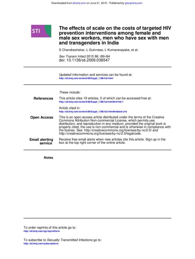 The Effects of Scale on the Costs of targeted HIV Prevention Interventions among Female and Male Sex Workers, Men who have Sex with Men and Transgenders in India