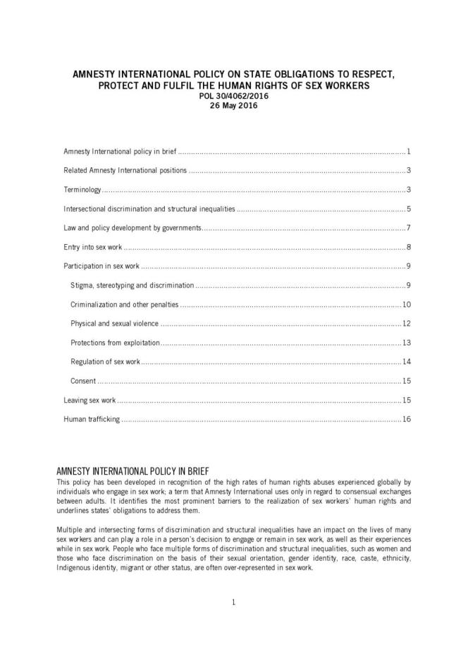 Amnesty International Policy on State Obligations to Respect, Protect and Fulfil the Human Rights of Sex Workers