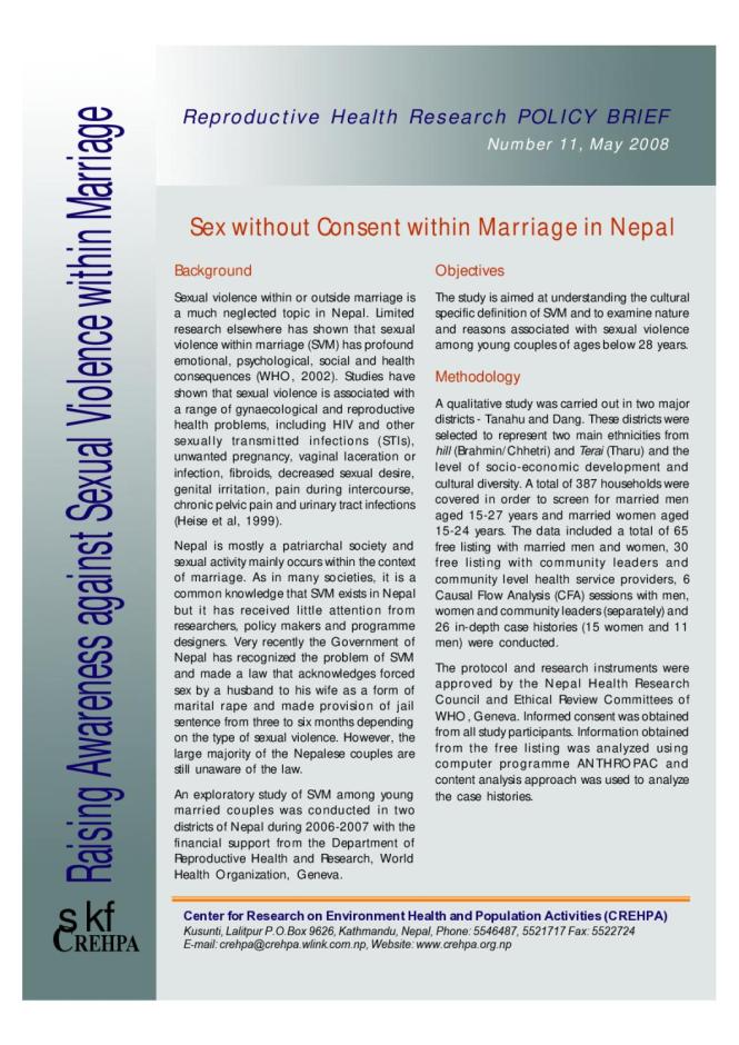 Sex without Consent within Marriage in Nepal: Reproductive Health Research Policy Brief, Number 11