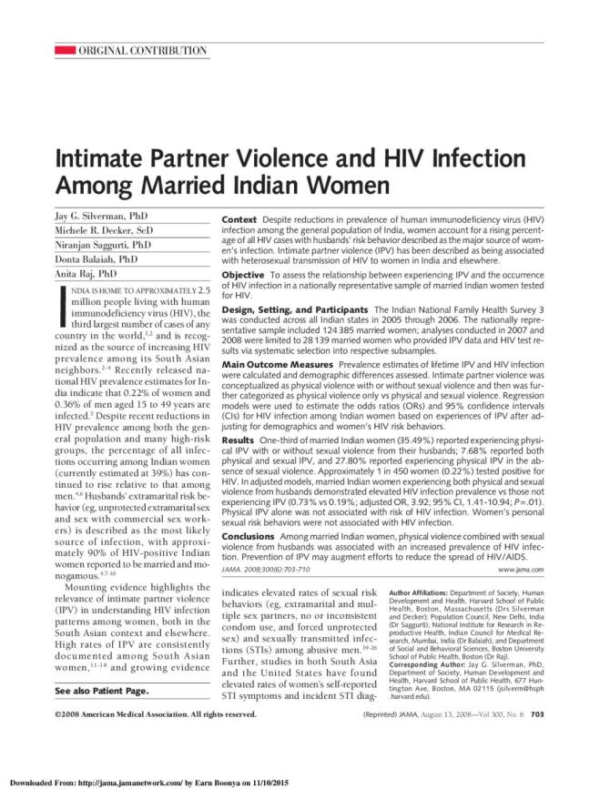 Intimate Partner Violence and HIV Infection Among Married Indian Women