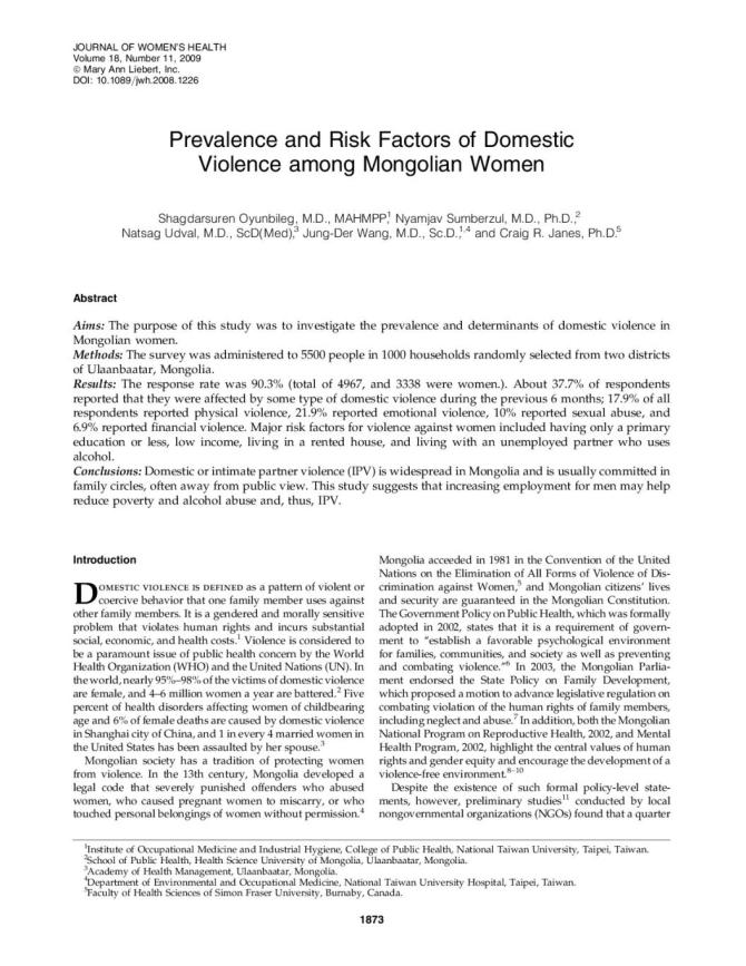 Prevalence and Risk Factors of Domestic Violence Among Mongolian Women