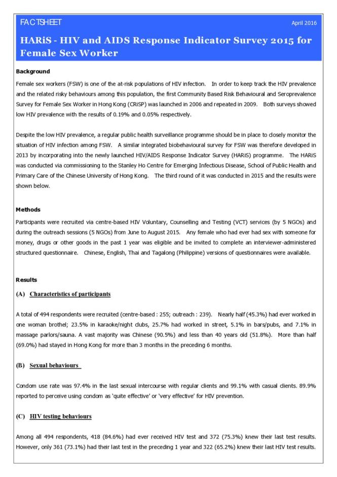 Factsheet: HARiS - HIV and AIDS Response Indicator Survey 2015 for Female Sex Worker