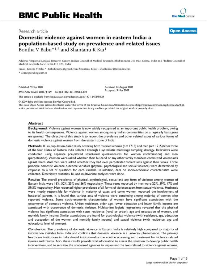 Domestic Violence against Women in Eastern India: A Population-Based Study on Prevalence and Related Issues