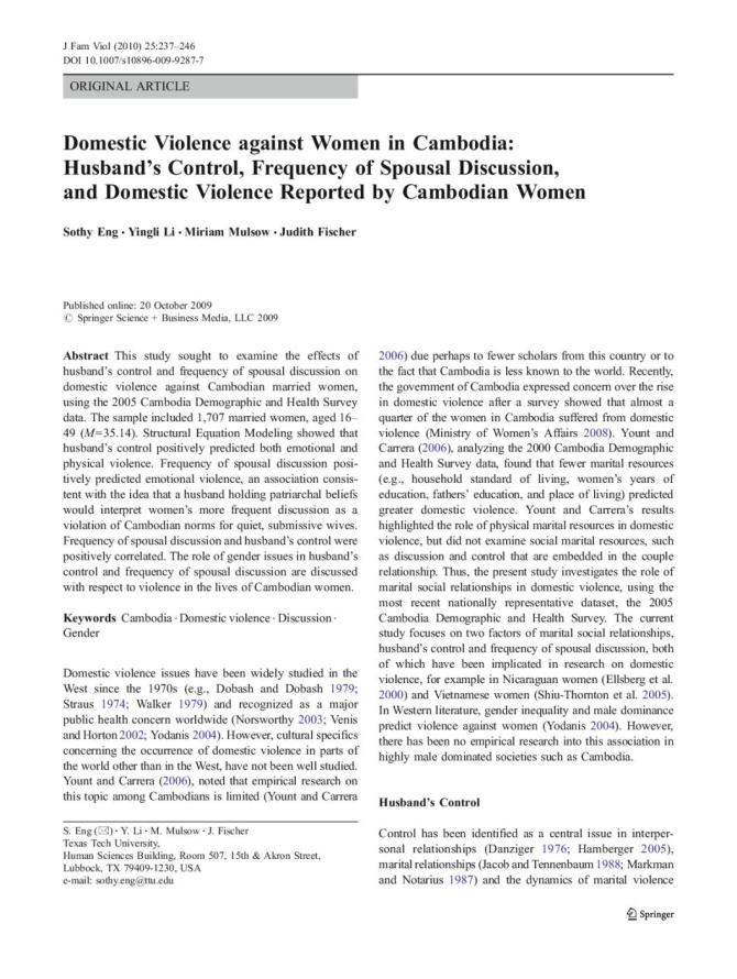 Domestic Violence against Women in Cambodia: Husband’s Control, Frequency of Spousal Discussion, and Domestic Violence Reported by Cambodian Women