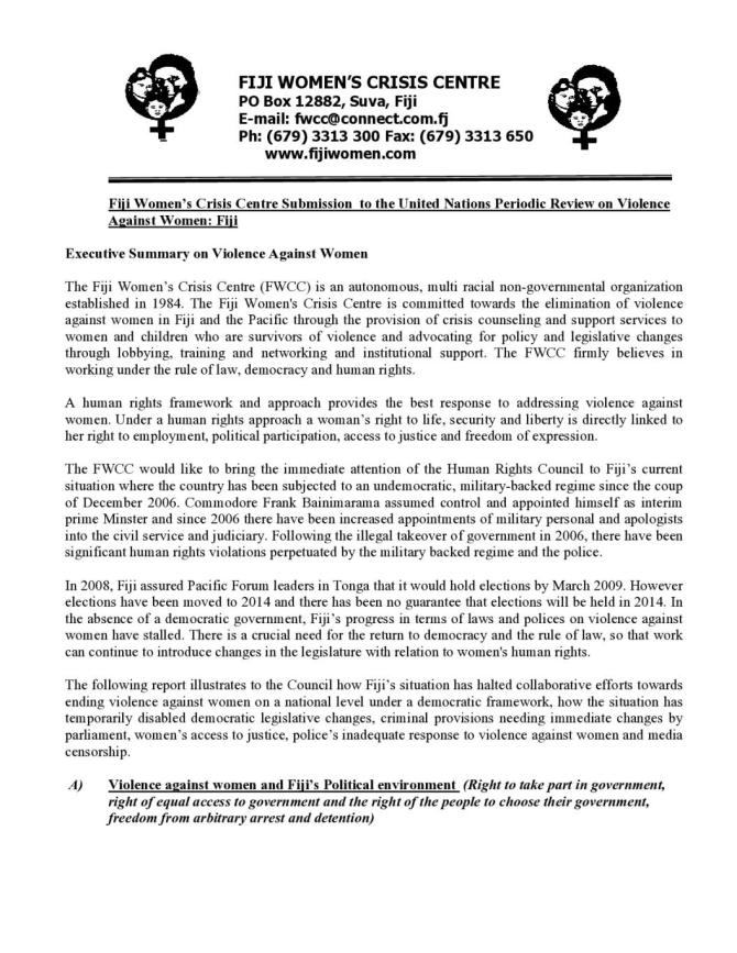 Submission to the United Nations Periodic Review on Violence Against Women: Fiji, Executive Summary on Violence Against Women