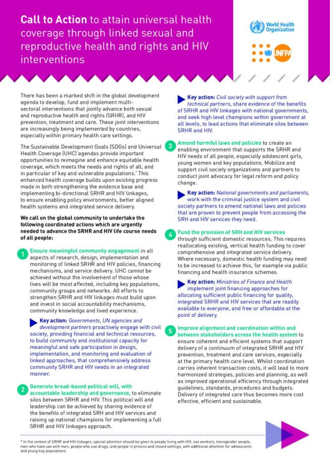 Call to Action to Attain Universal Health Coverage through Linked Sexual and Reproductive Health and Rights and HIV Interventions