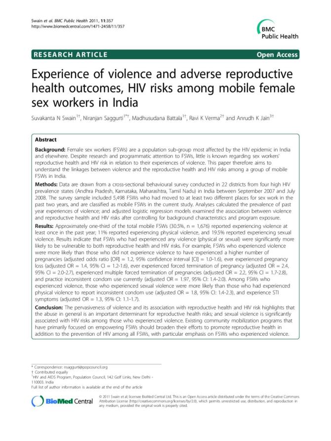 Experience of Violence and Adverse Reproductive Health Outcomes, HIV risks among Mobile Female Sex Workers in India