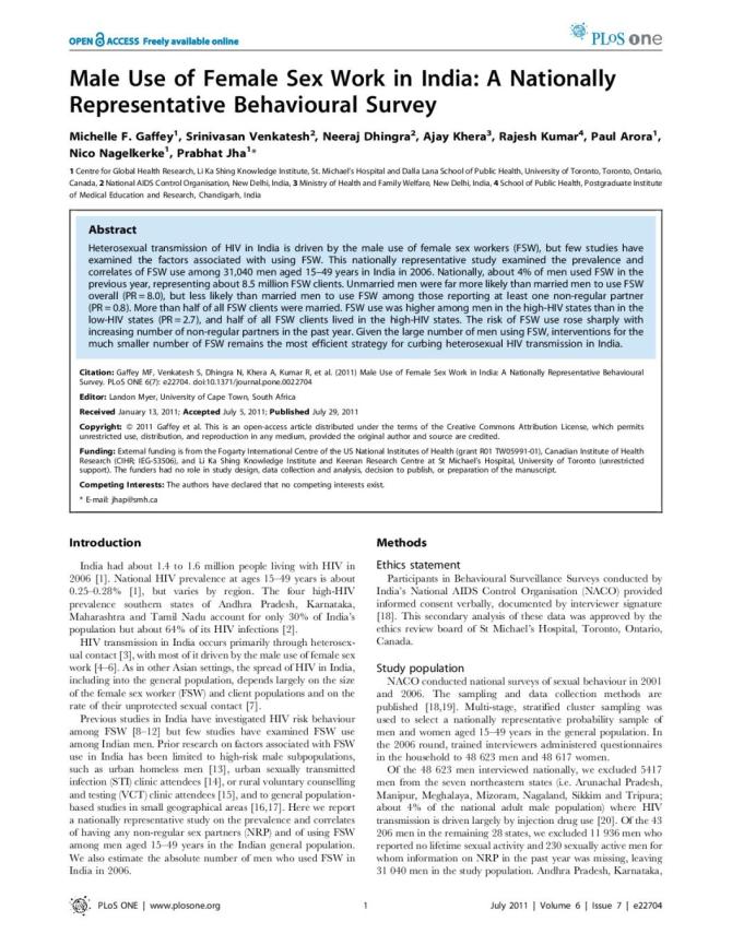 Male Use of Female Sex Work in India: A Nationally Representative Behavioural Survey