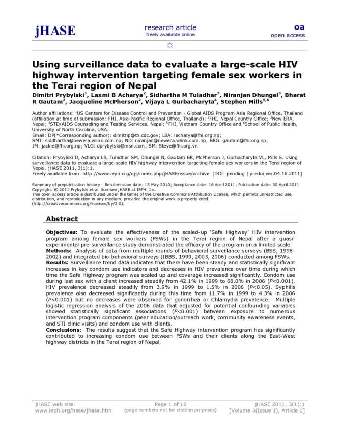 Using Surveillance Data to Evaluate a Large-scale HIV Highway Intervention Targeting Female Sex Workers in the Terai region of Nepal