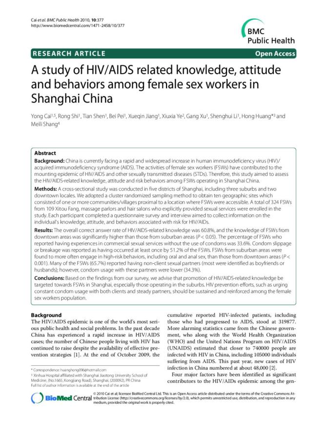 A Study of HIV/AIDS Related Knowledge, Attitude and Behaviors among Female Sex Workers in Shanghai China