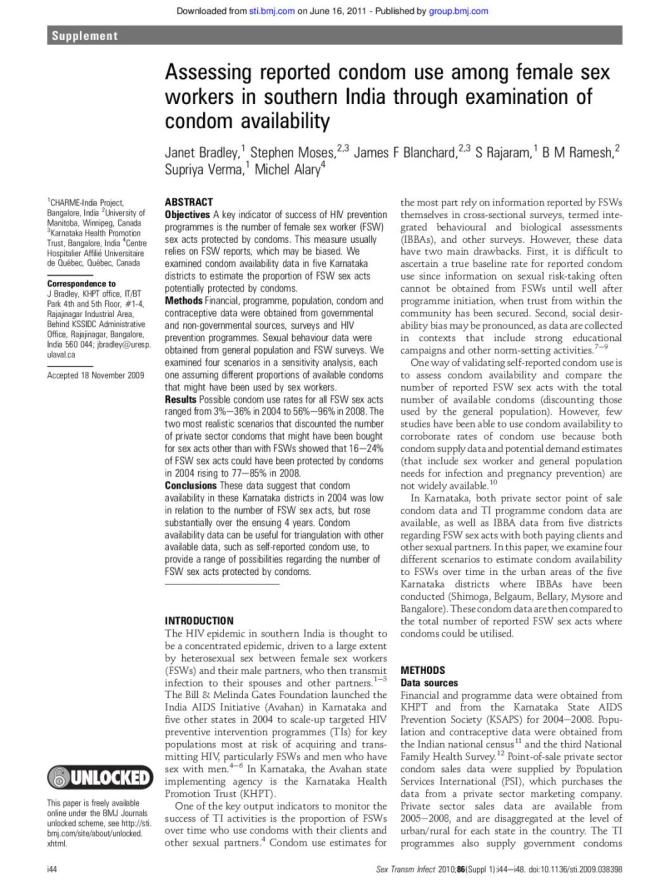 Assessing Reported Condom Use among Female Sex Workers in Southern India through Examination of Condom Availability